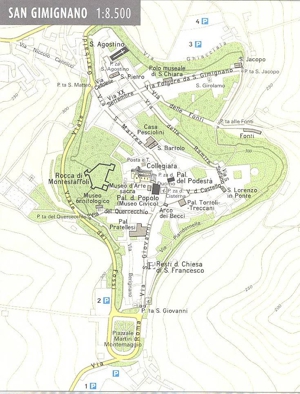 Mappa della città di San gimignano con l'ubicazione delle principali cose da vedere 